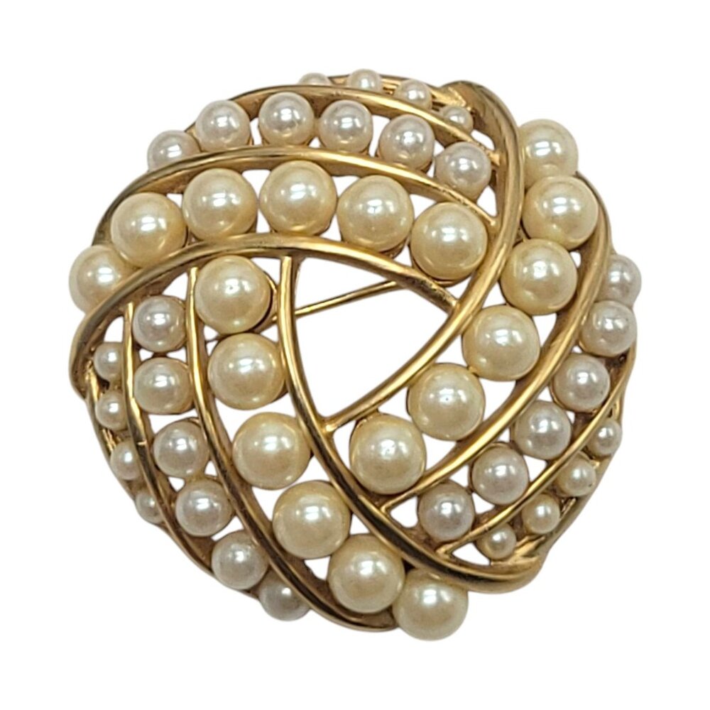 Vintage Gold-Tone Faux Pearl Swirl Brooch Pinback Elegant Design